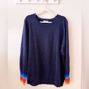 Sugarhill Brighton Shimmering Blue Sweater with Rainbow Cuffs